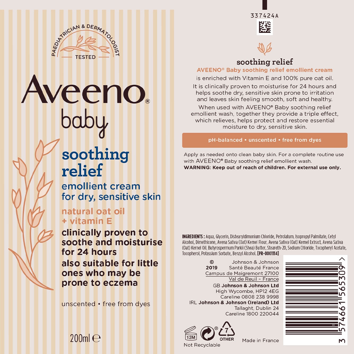 Aveeno Baby Soothing Relief Emollient Cream, 3 x 200ml