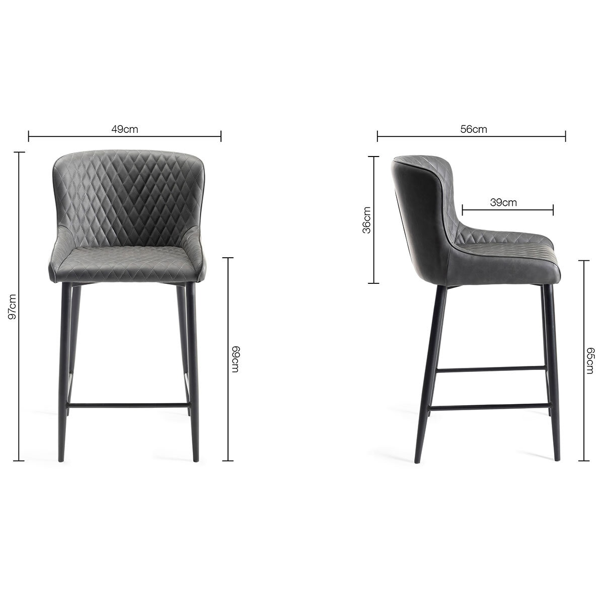 Bentley Designs Grey Faux Leather Diamond Stitch Bar Stool, 2 Pack