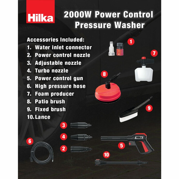 Hilka 2,000W / 160 Bar Control Pressure Washer with Patio Cleaner