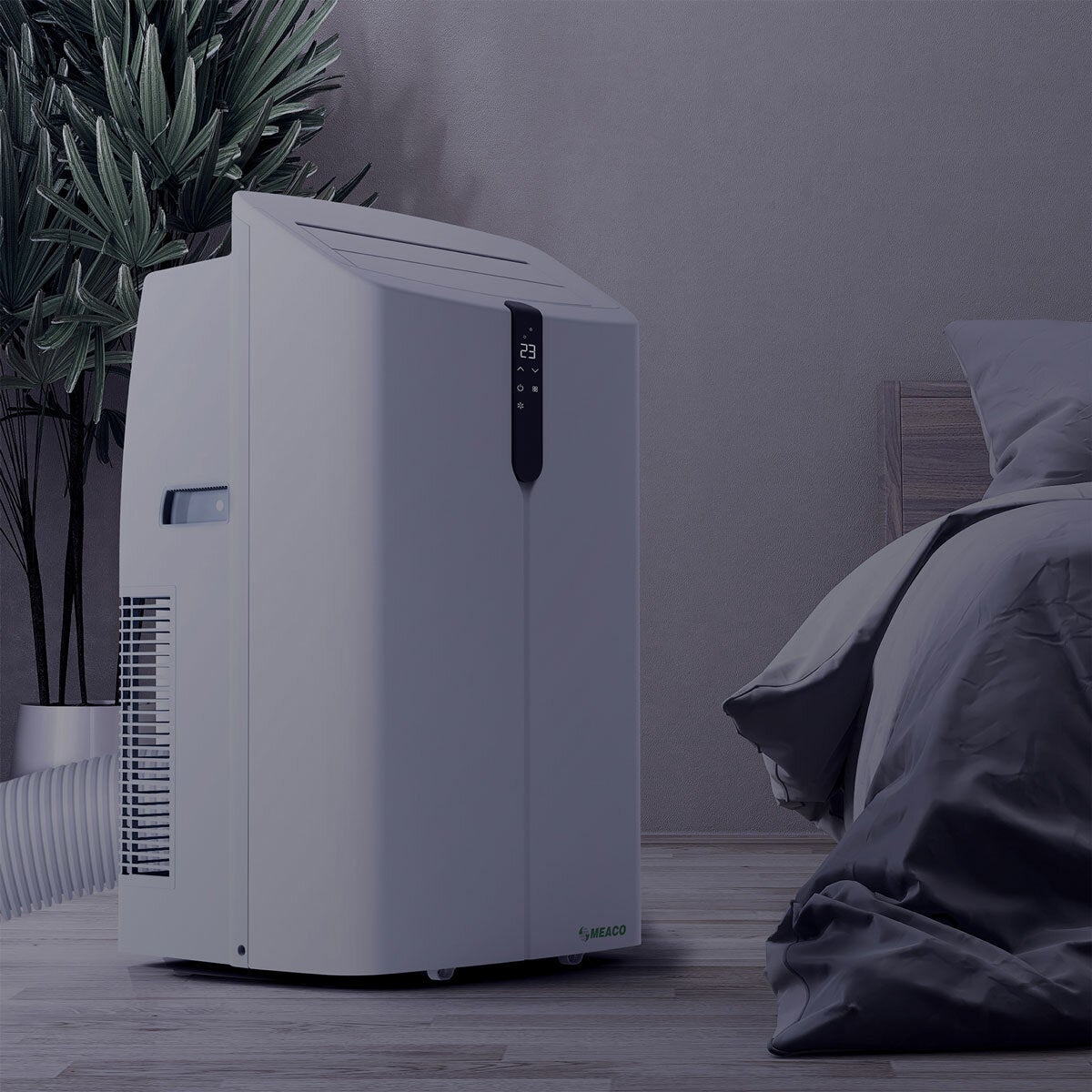 Lifestyle image of air conditioner in bedroom at night Lifestyle image of air conditioner in bedroom at night
