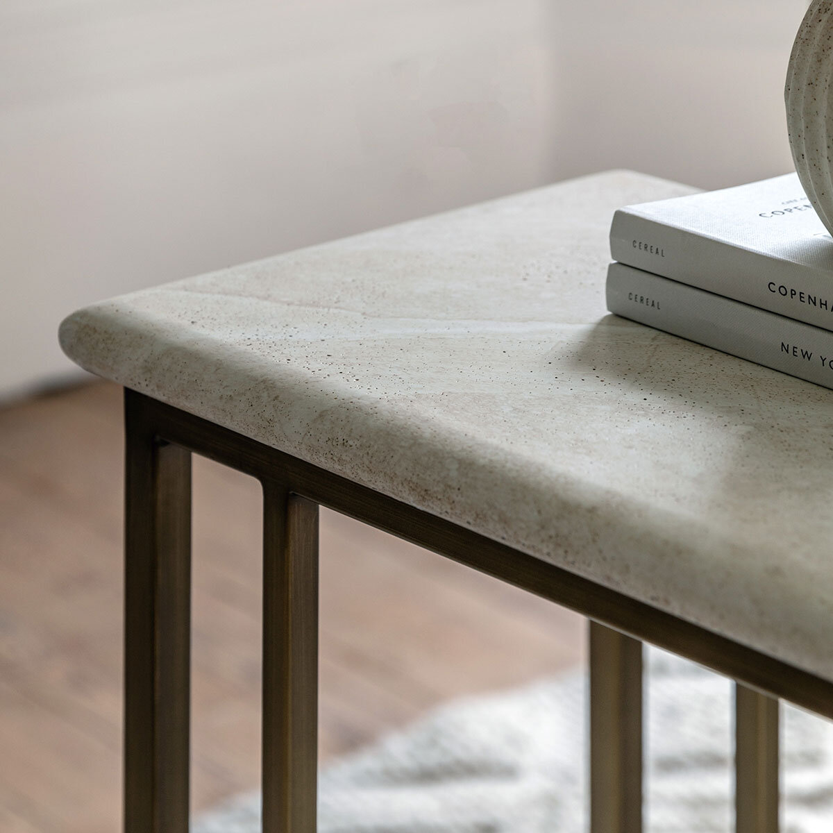 Gallery Moderna White Faux Travertine Sofa Table