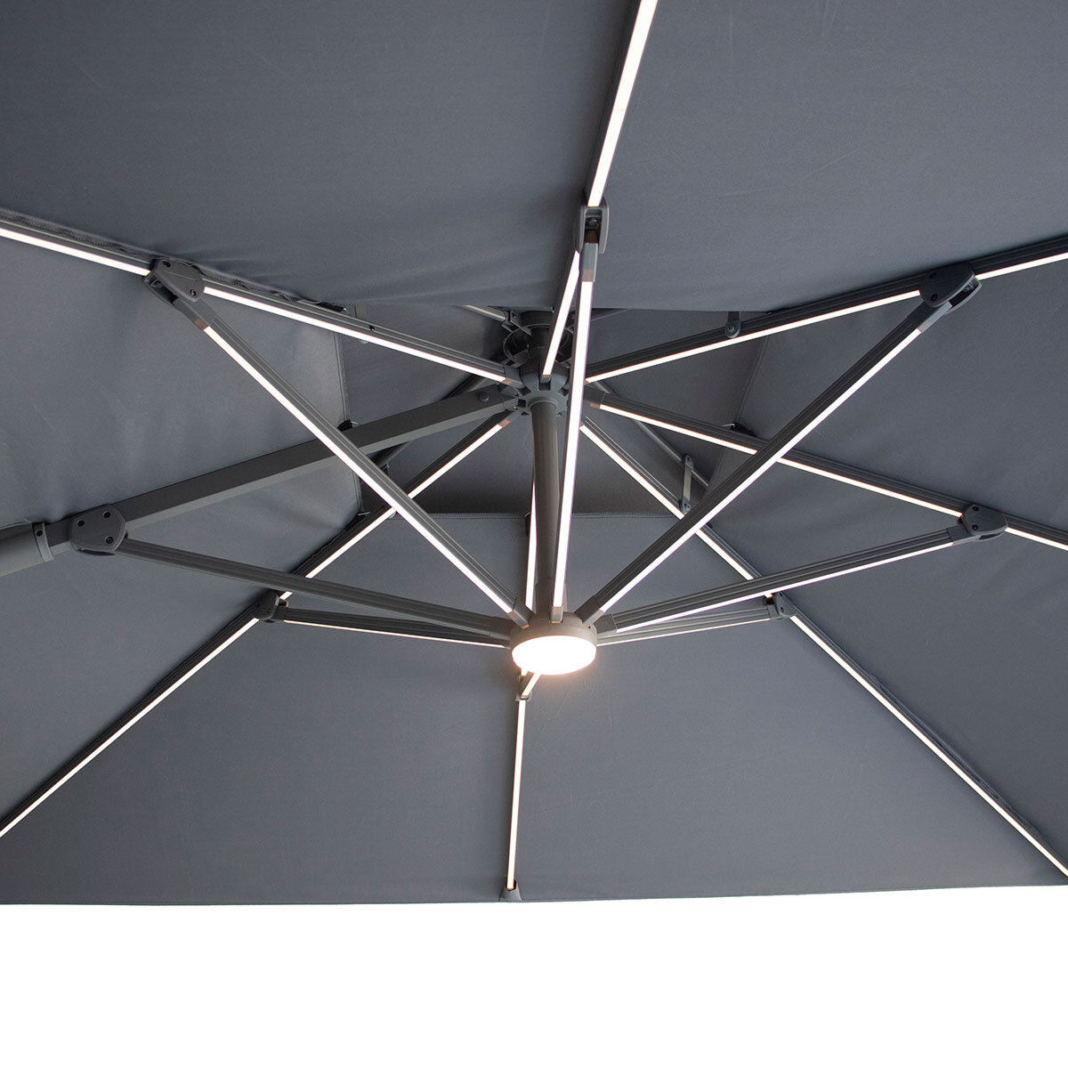 Maze Ethos 4 Piece Deep Seating Patio Set + 10 x 10ft Solar LED Cantilever Umbrella with Base (in Oatmeal)