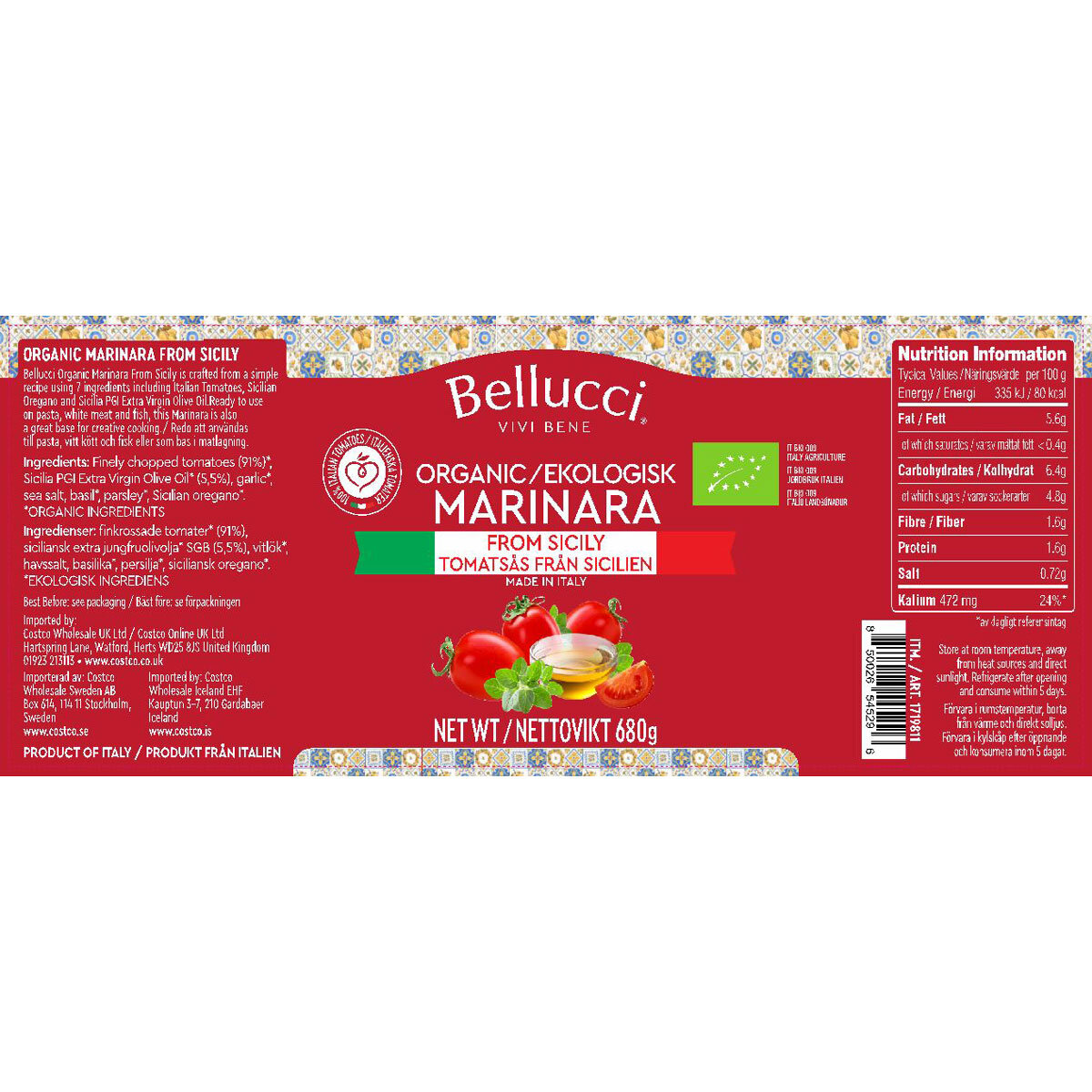 Bellucci Organic Marinara, 3 x 680g
