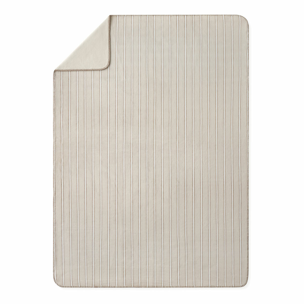 Taupe plaid throw, folded corner with a plain white background