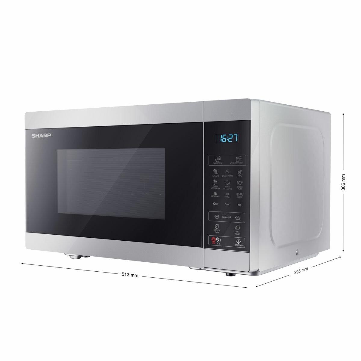 Side Profile of Sharp 28 Litre 900W Digital Microwave with 1100W Grill showing measurement