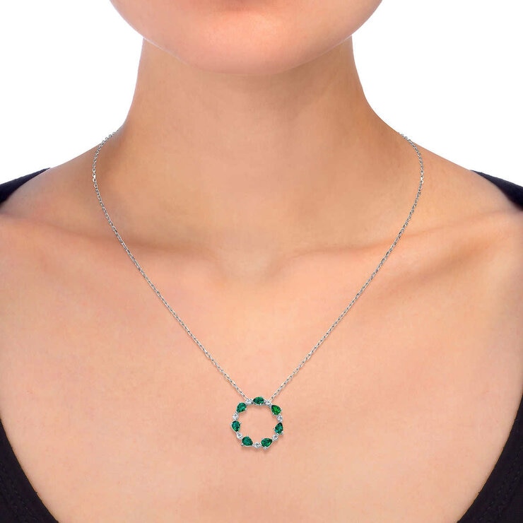 Pear Cut Lab Emerald & 0.13ctw Diamond Pendant, 14ct White Gold Pear Cut Lab Emerald & 0.13ctw Diamond Pendant, 14ct White Gold