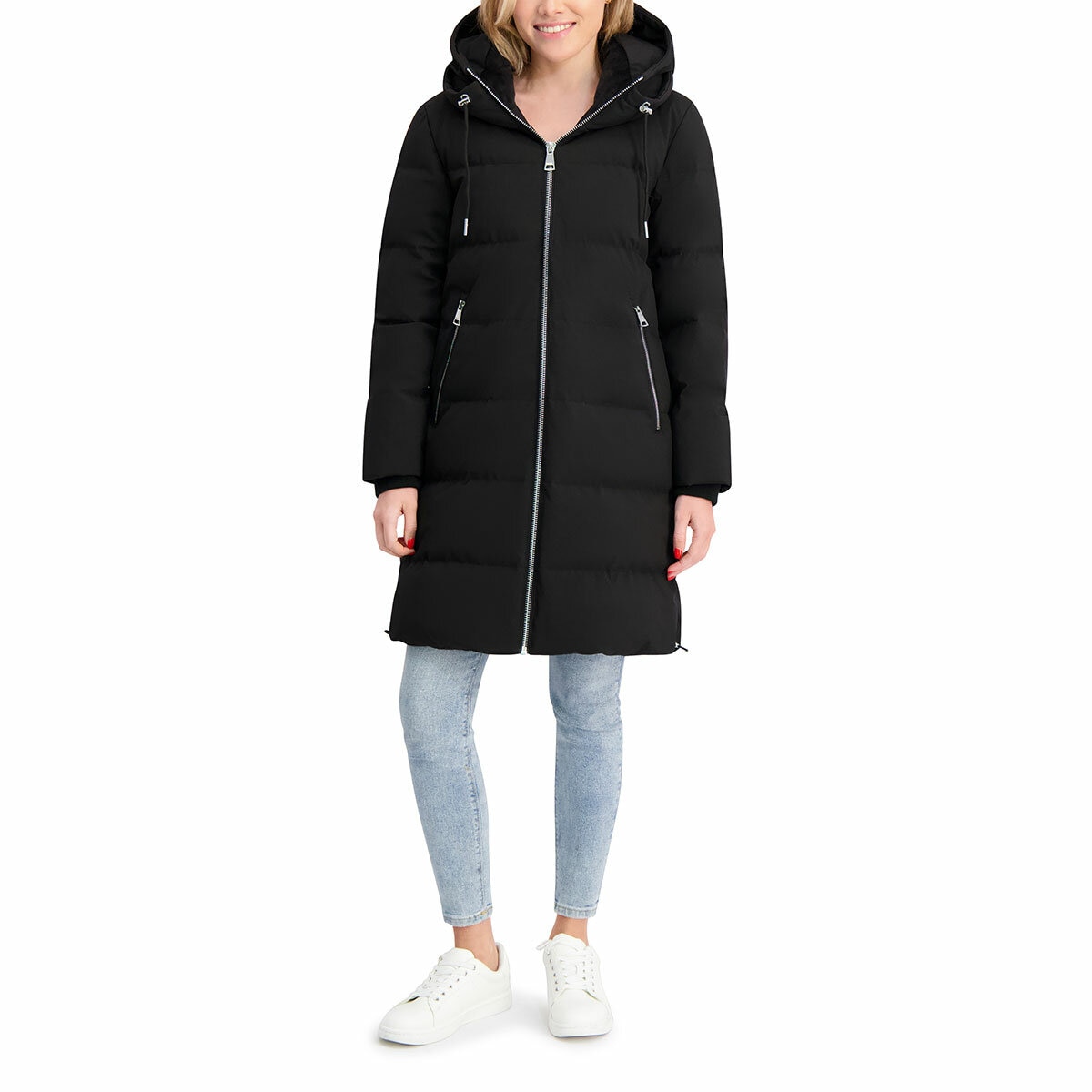 DKNY Ladies Long Down Coat with Hood in Black