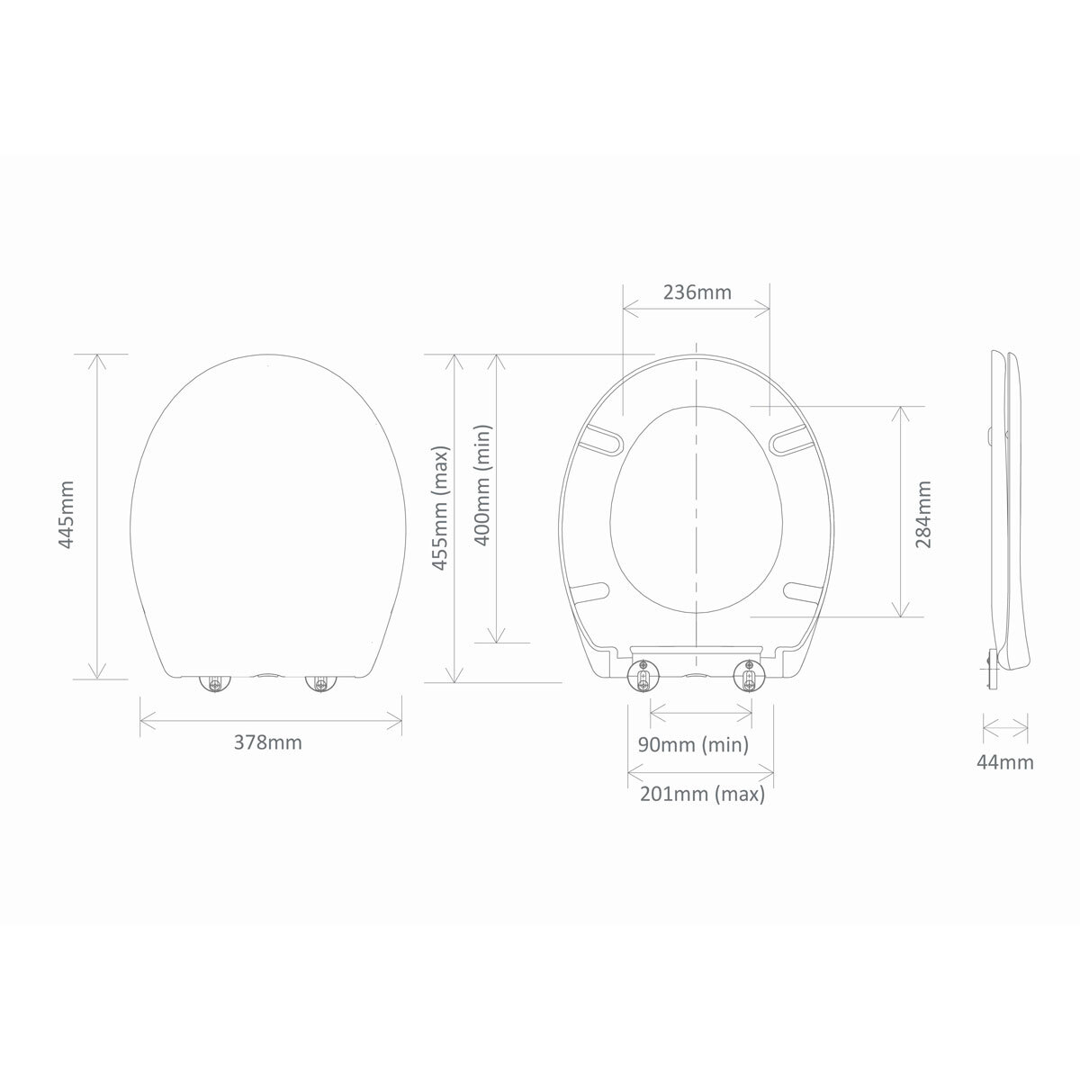 Line drawing of toilet seat on white background with dimensions