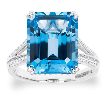 Emerald Cut Blue Topaz & 0.30ctw Diamond Ring, 18ct White Gold