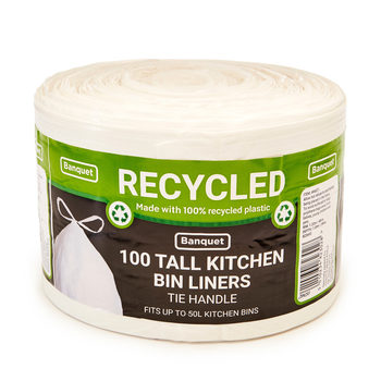 Banquet Recycled Tie Handle Tall Kitchen Bin Liners, 100 Bags