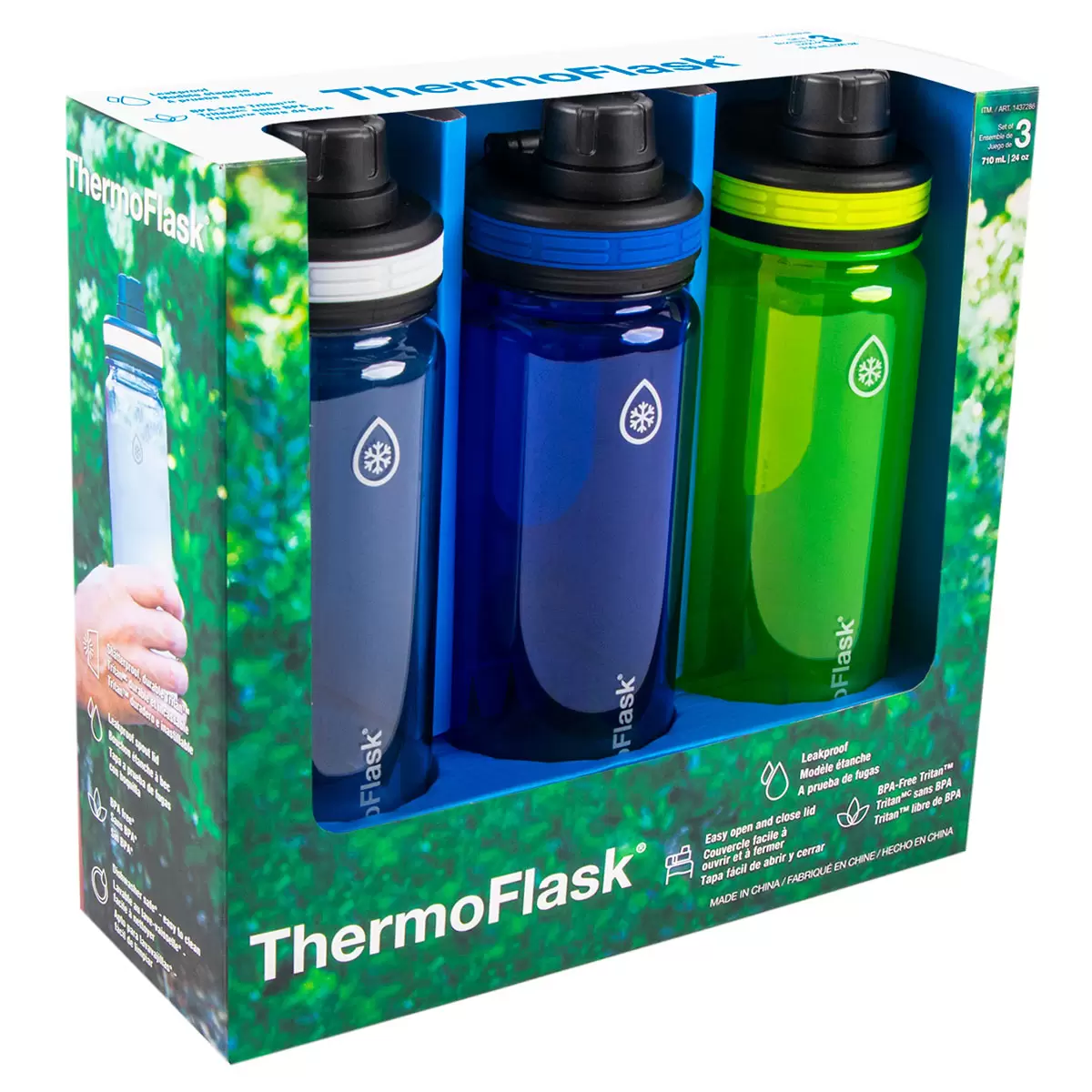 ThermoFlask 709ml Tritan Water Bottles, 3 Pack in Grey/Navy/Lime Green