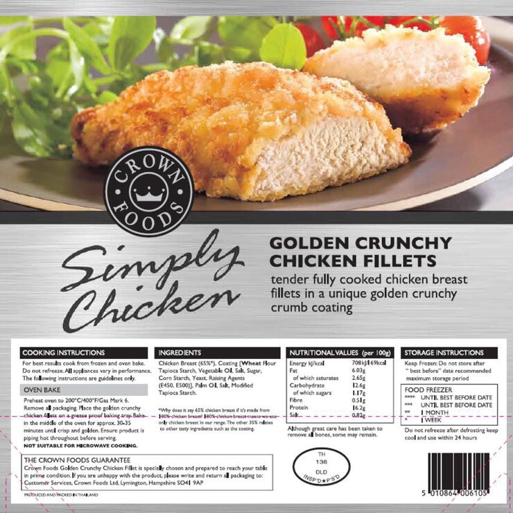 Back of Pack of Crown Foods Golden Crunchy Chicken Fillet.