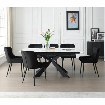 Indus Valley Kia Ceramic Extending Dining Table + 6 Black Chairs, Seats 6-8