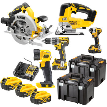 DEWALT 18V Brushless 5-Piece Power Tool Kit with Three 5.0Ah Batteries and Two TSTAK® Cases