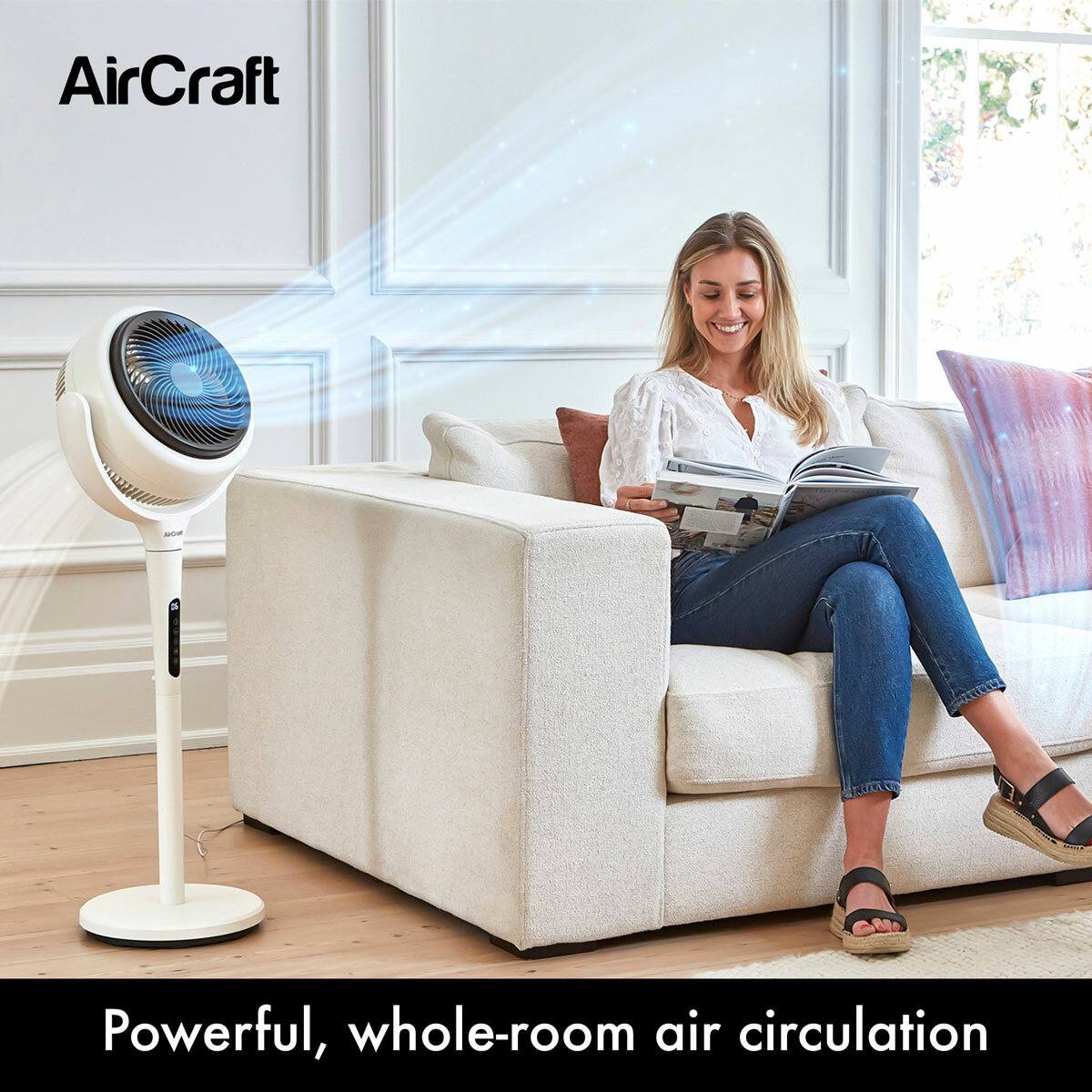 Lifestyle image of  the fan in a living room