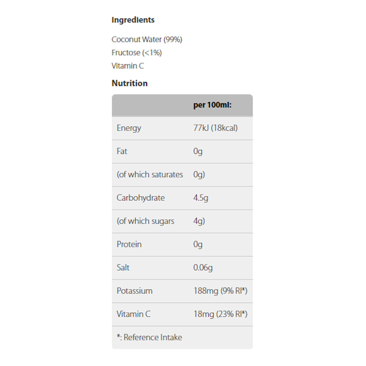 List of ingredients and nutritional information on white background