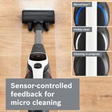 Lifestyle image of vacuum's sensor controlled feedback for micro cleaning