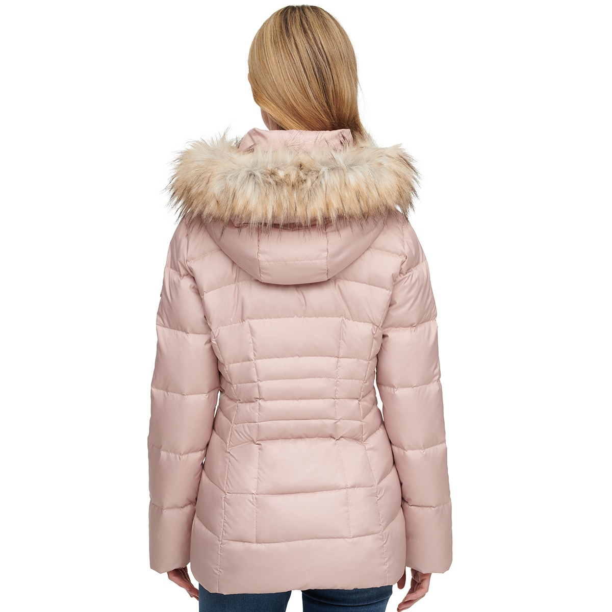 Andrew Marc Women's Short Down Jacket with Faux Fur Trim Hood in Dusk Rose, Medium