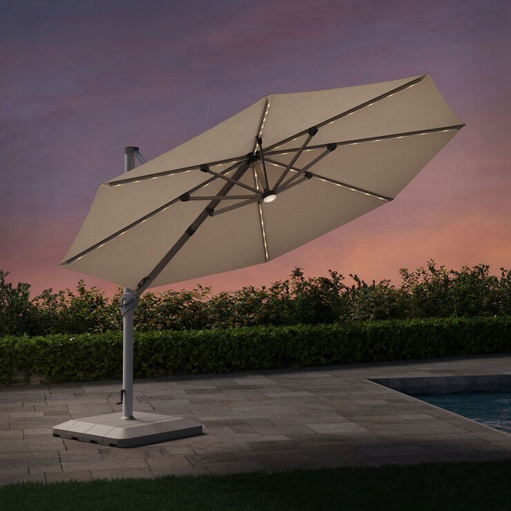 Seasons Sentry 13ft (4m) Solar LED Anodized Round Cantilever Umbrella with Base in Beige