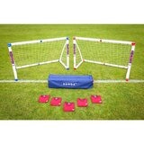 Lifestyle image of two 6' x 4' football goals, carry bag and 5 bibs