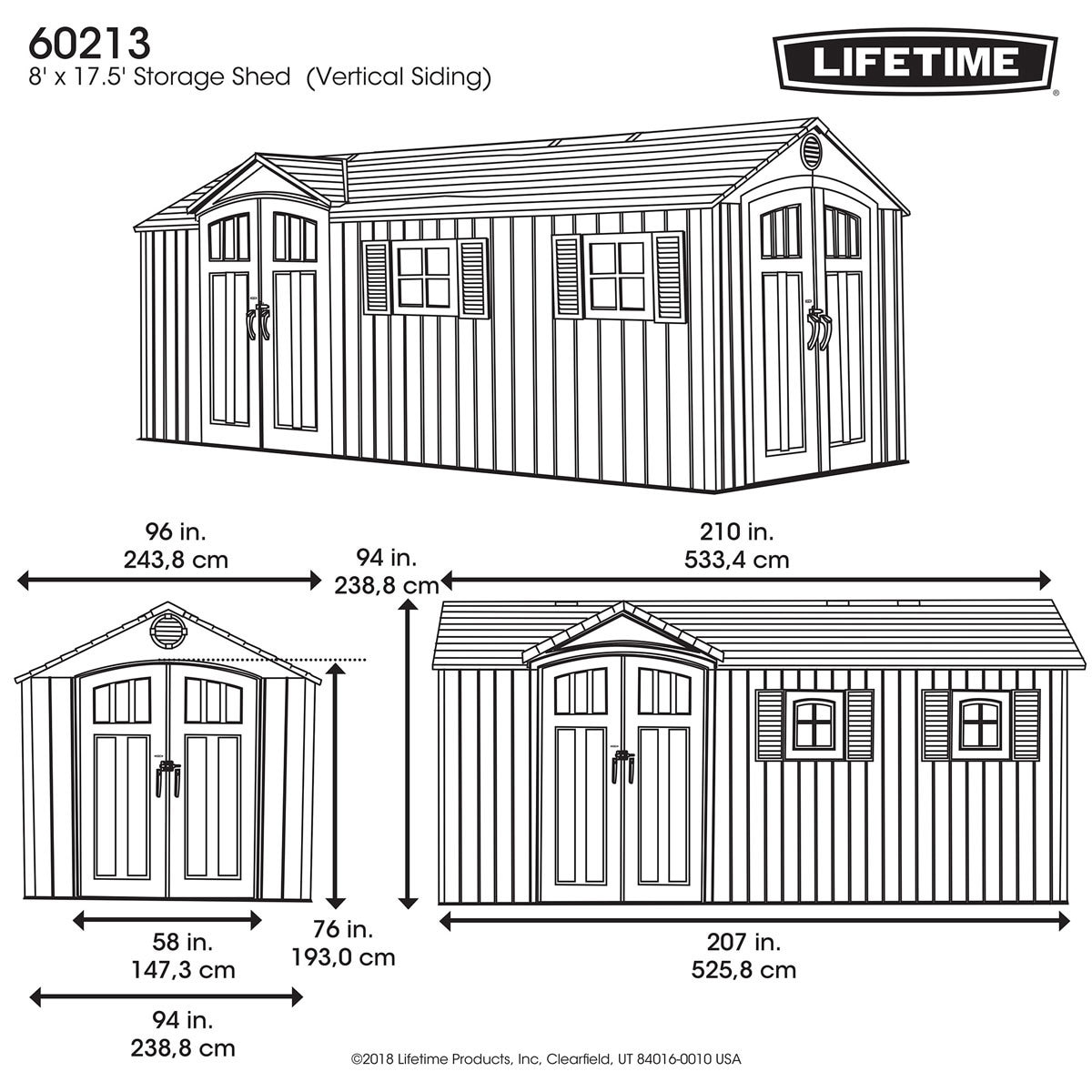 Lifetime 17.5ft x 8ft (5.3 x 2.4m) Dual Entry Outdoor Storage Shed - Model 60213