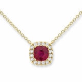 Cushion Cut Ruby & 0.13ctw Diamond Halo Necklace, 18ct Yellow Gold