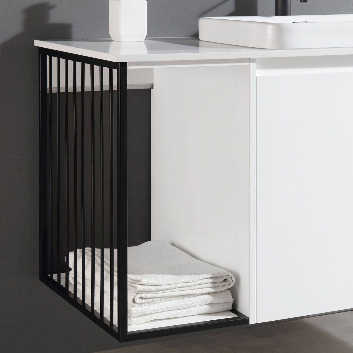 Close up detail of towel storage space on Ove Judy 1010mm in White