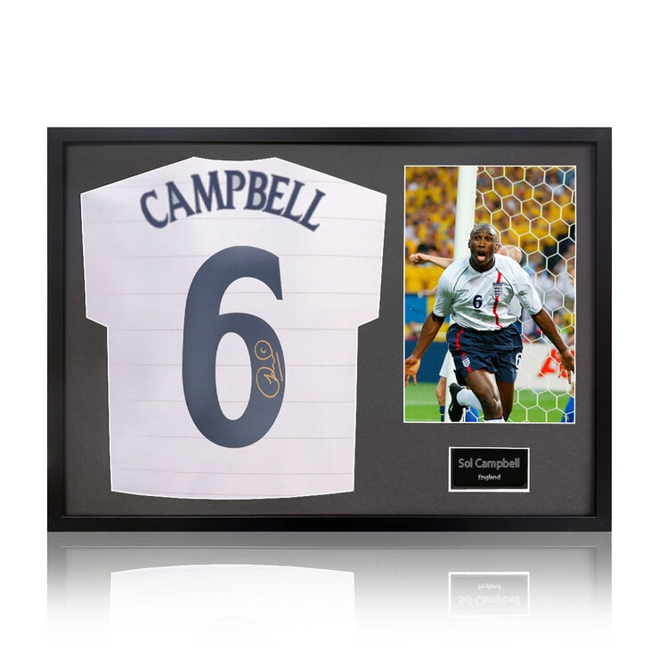 Sol Campbell Signed Framed England Football Shirt including 1 Photo, with Black Mount Sol Campbell Signed Framed England Football Shirt including 1 Photo, with Black Mount