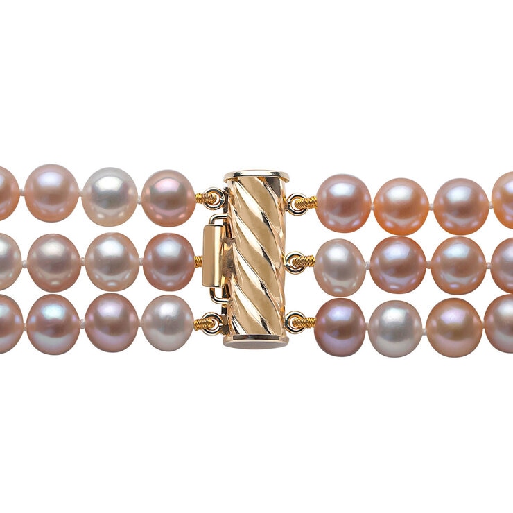 5.5-6mm Cultured Freshwater 3 Row Multl Colour Pearl Bracelet, 14ct Yellow Gold