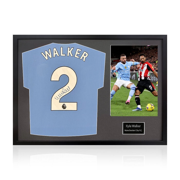 Kyle Walker Signed Framed Manchester City Football Shirt including 1 Photo, with Black Mount Kyle Walker Signed Framed Manchester City Football Shirt including 1 Photo, with Black Mount