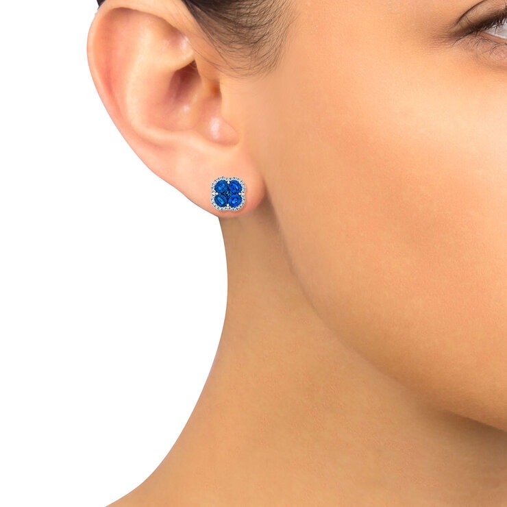 Oval & Princess Cut Blue Sapphire & 0.27ctw Diamond Clover Stud Earrings, 14ct White Gold Oval & Princess Cut Blue Sapphire & 0.27ctw Diamond Clover Stud Earrings, 14ct White Gold