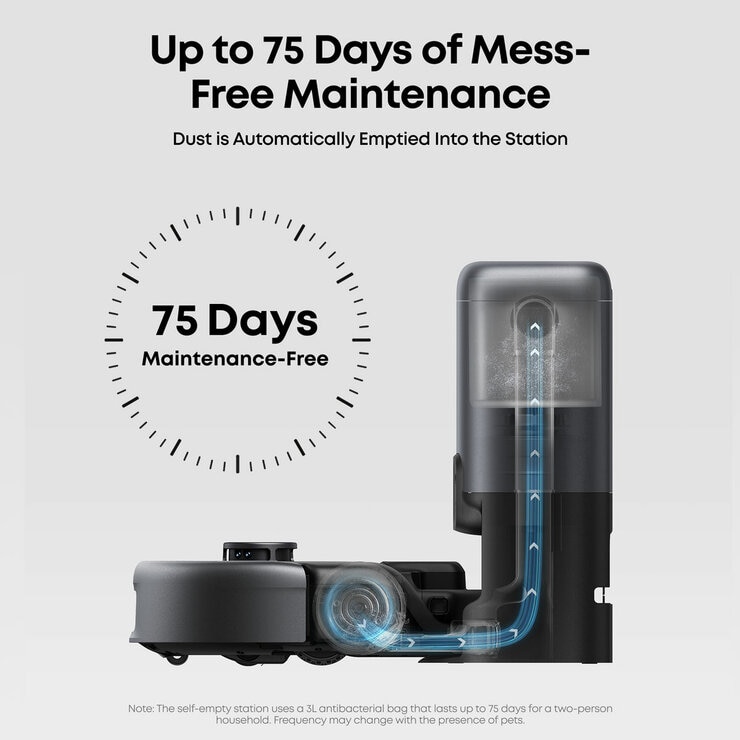 Lifestyle image of Eufy 3-in-1 E20 Robot, Stick and Handheld Vacuum Cleaner up to 75 days of mess free maintenance