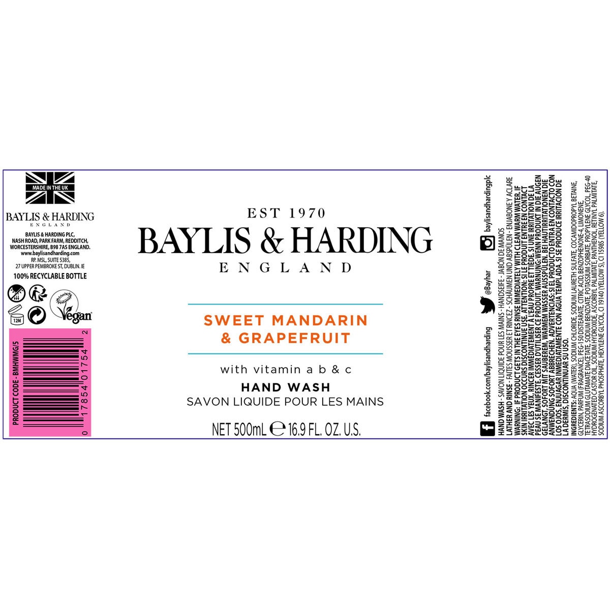 Baylis & Harding Sweet Mandarin & Grapefruit Hand Wash, 4 x 500ml