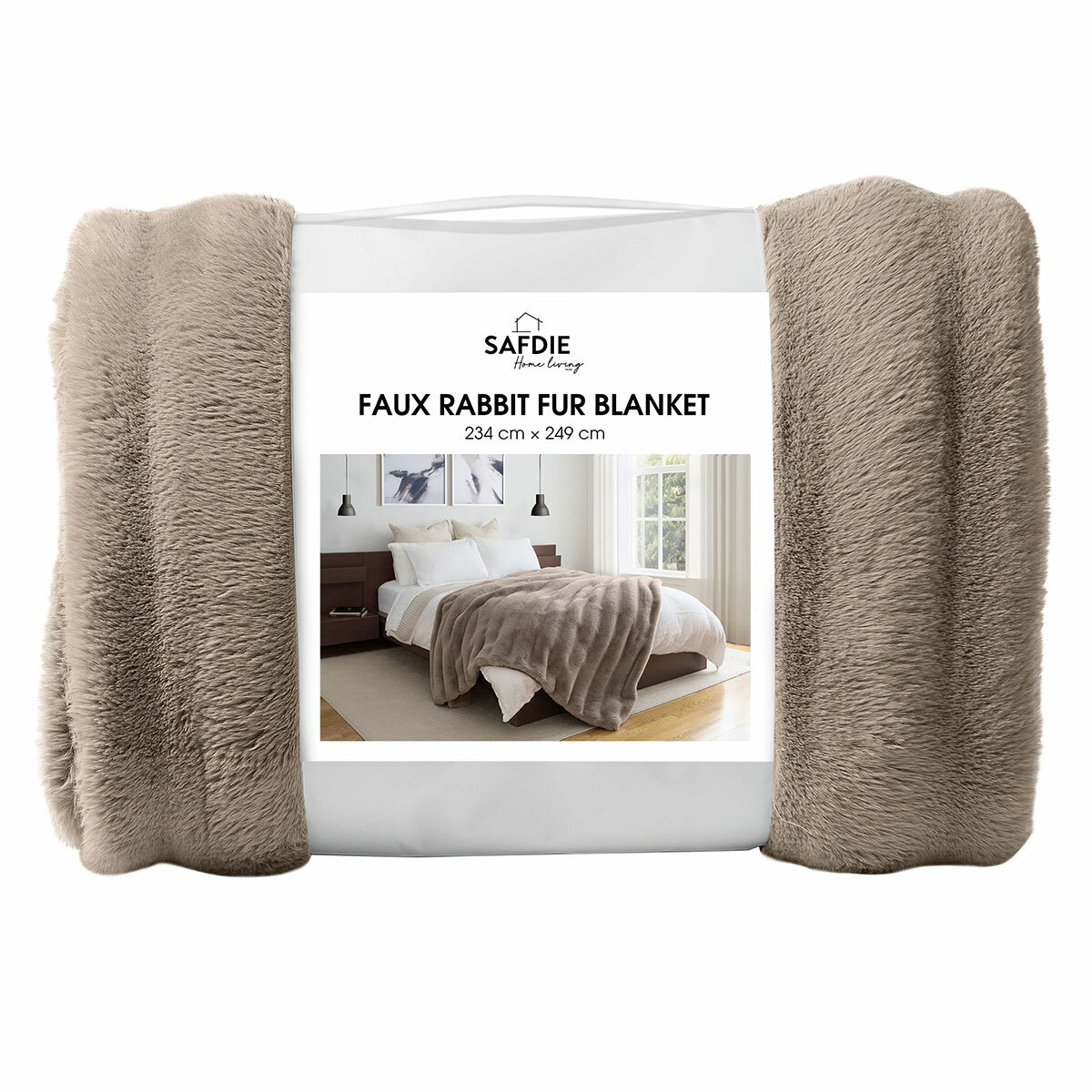 Colour Your Home Stripe Faux Rabbit Fur Blanket in Taupe, 248 x 233cm