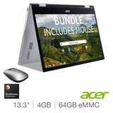 Acer 513, Qualcomm Snapdragon SC7180, 4GB RAM, 64GB eMMC, 13.3 Inch Convertible 2 in 1 Chromebook, NX.AS4EK.002 with Mouse