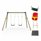 Studio image showing the Plum Ultimate Two Person Premium Wood Swing, baby seat, trapeze and Protektamats Studio image showing the Plum Ultimate Two Person Premium Wood Swing, baby seat, trapeze and Protektamats