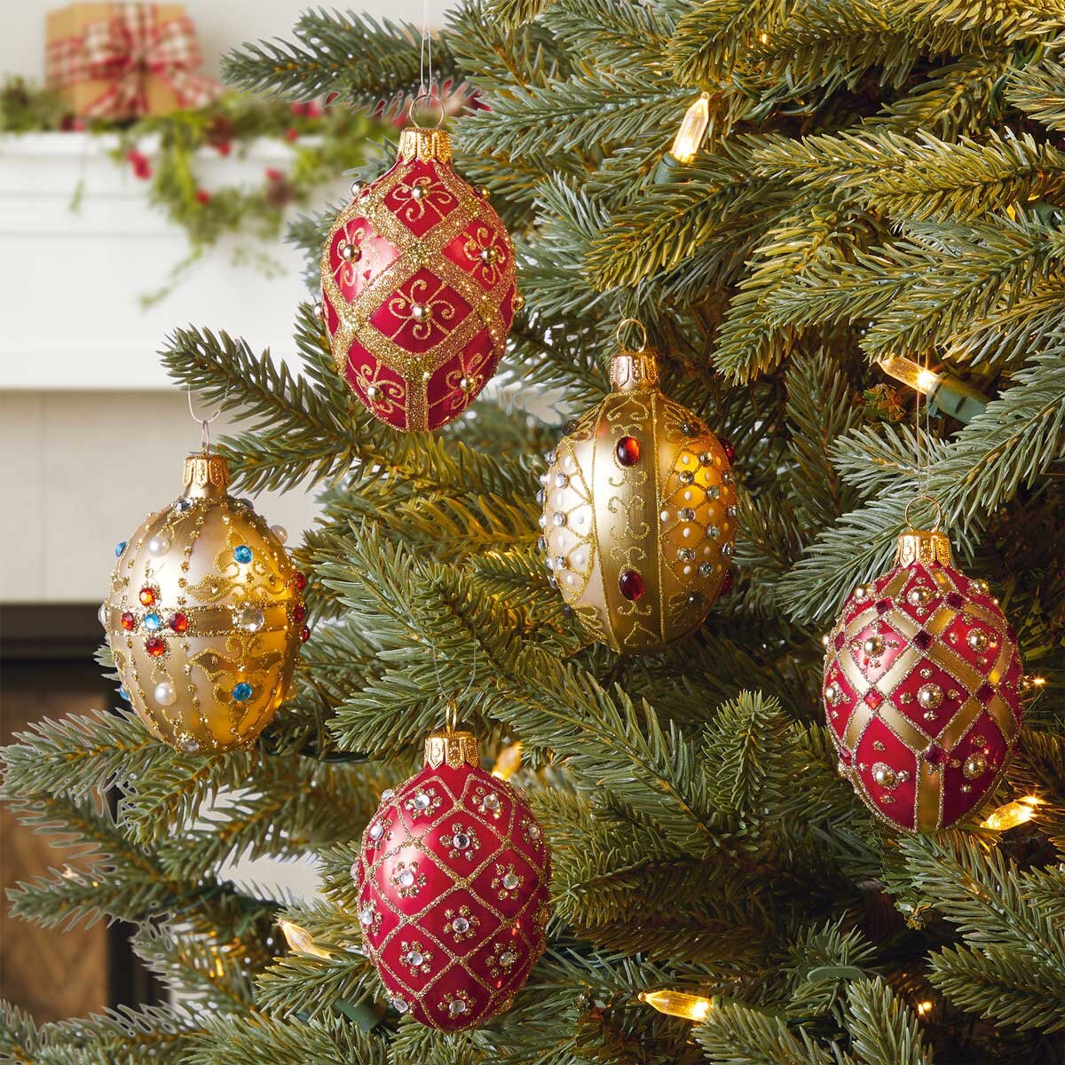 2.7 Inch (5cm) Faberge Egg Style Glass Christmas Ornaments, Set of 5 in Red & Gold