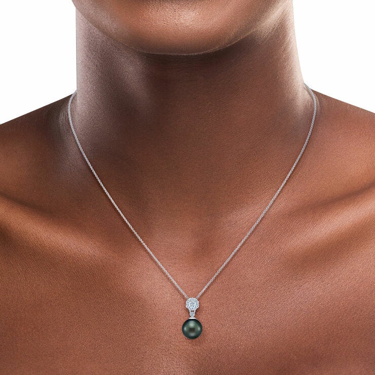 9-10mm Tahitian Pearl & 0.30ct Diamond Pendant, 14ct White Gold 9-10mm Tahitian Pearl & 0.30ct Diamond Pendant, 14ct White Gold