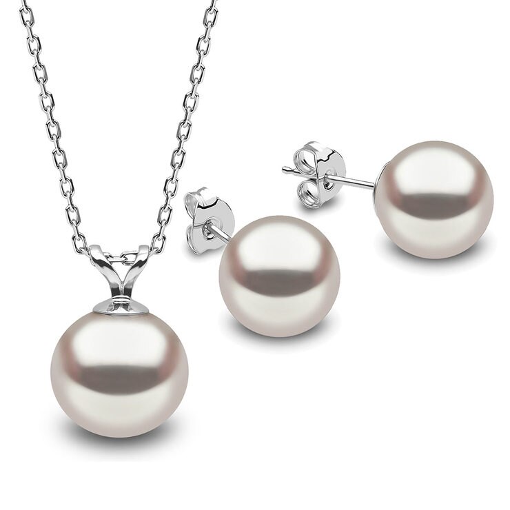 9.510mm Cultured Freshwater White Pearl Necklace and 8.59mm Stud