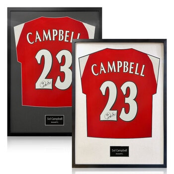 Sol Campbell Signed Framed Arsenal Football Shirt in 2 Options: White or Black Mount