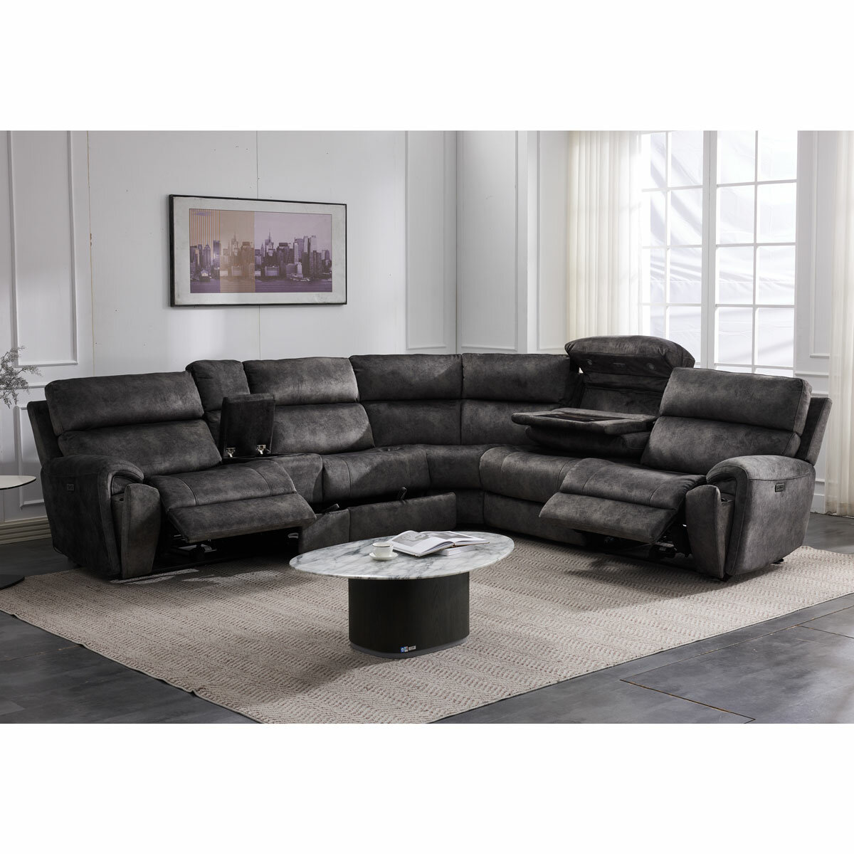 Corner Fabric Grey Drawers open, Seats reclined, Cupholders open Corner Fabric Grey Drawers open, Seats reclined, Cupholders open