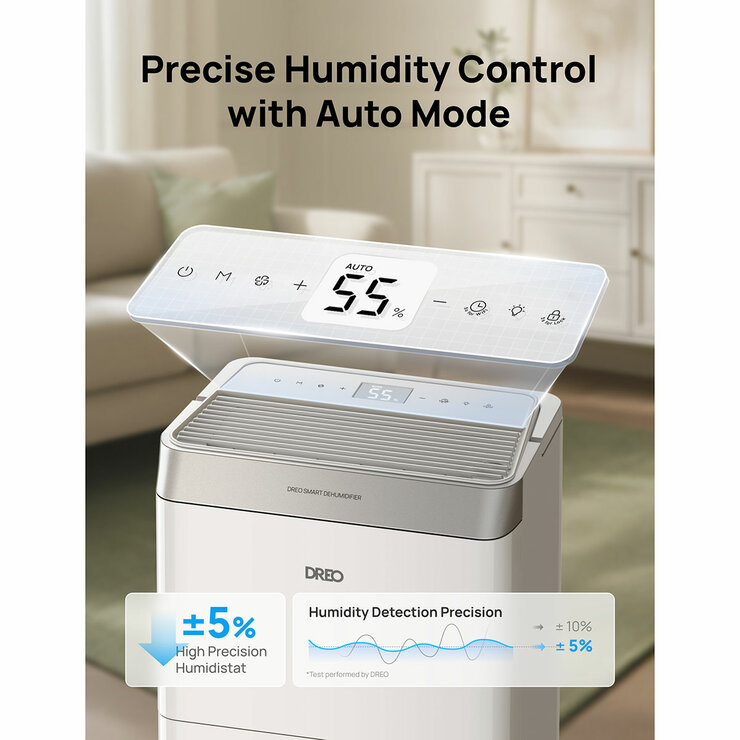 Lifestyle image of Dreo 16L Smart WiFi Dehumidifier with precise humidity control with auto mode