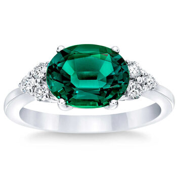 Oval Cut Lab Created Emerald & 0.23ctw Diamond Ring, 14ct White Gold
