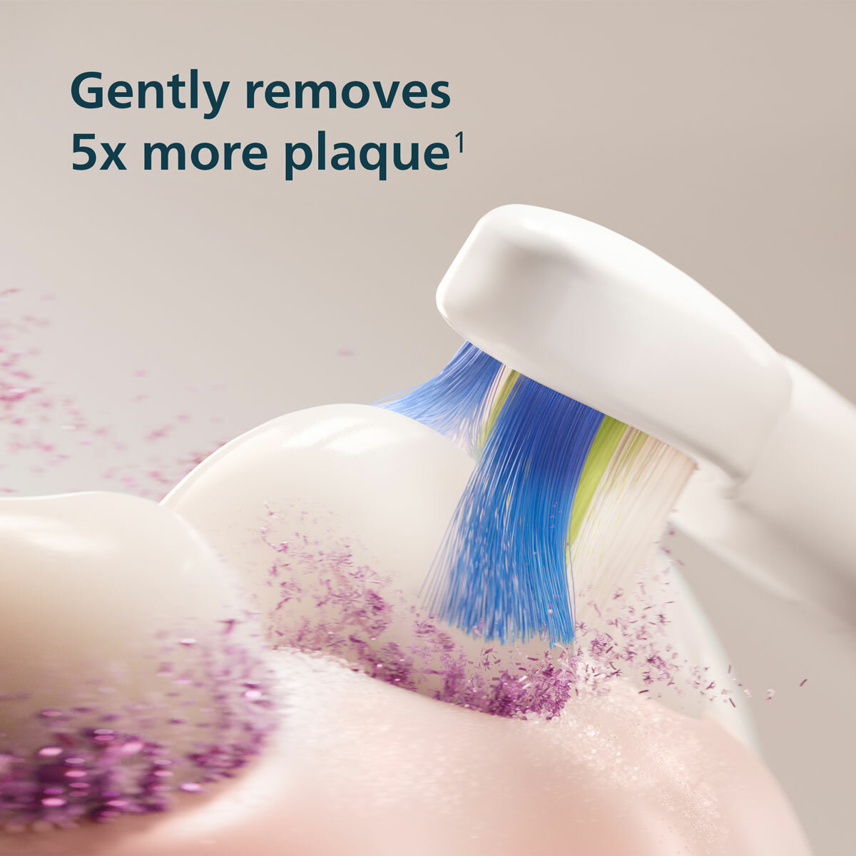 Lifestyle image of gently removing plaque Lifestyle image of gently removing plaque