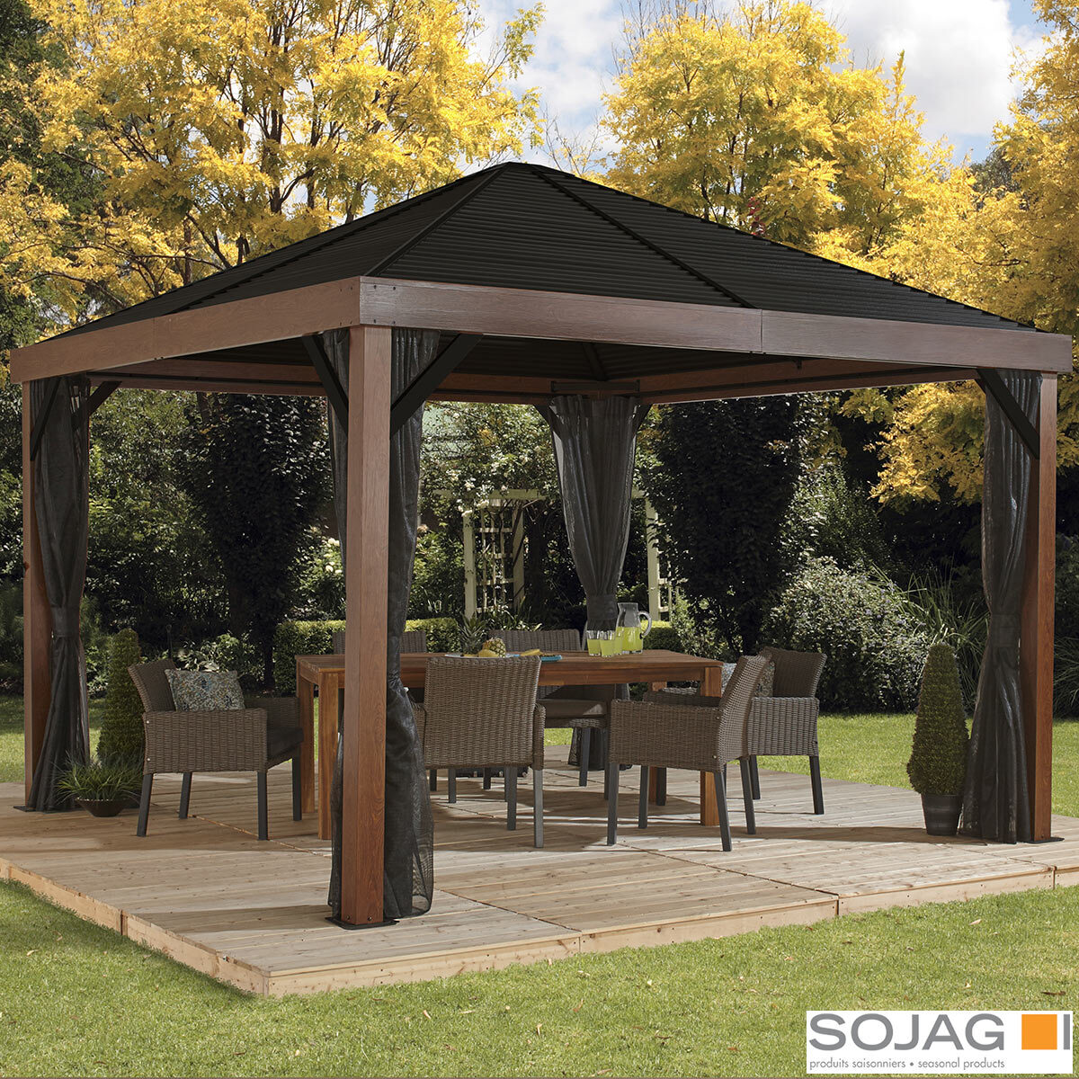 Sojag Valencia 12ft x 12ft (3.63 x 3.63m) Wood Look Sun Shelter with Galvanised Steel Roof + Insect Netting