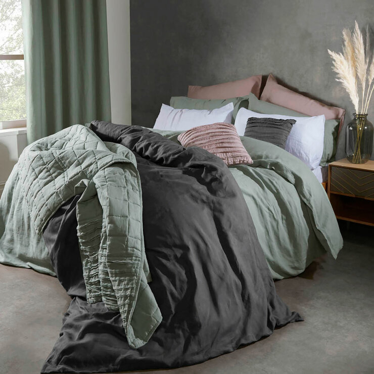 Lazy Linen 100% Washed Green Linen Duvet Cover Set in 3 Sizes Lazy Linen 100% Washed Green Linen Duvet Cover Set in 3 Sizes
