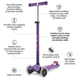 Micro Maxi Deluxe LED Purple Scooter with Pink Helmet and Unicorn Lunch Bag (5+ Years)