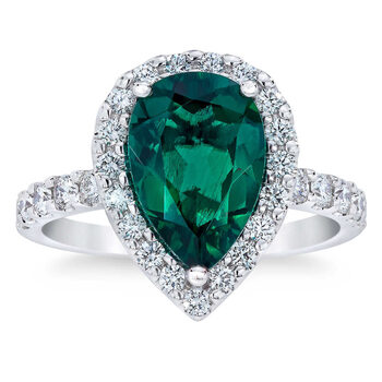 Pear Cut Lab Created Emerald & 0.65ctw Diamond Ring, 14ct White Gold