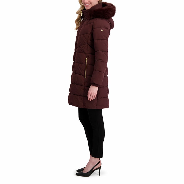 Halston Ladies Hooded Walker Coat in Burgundy