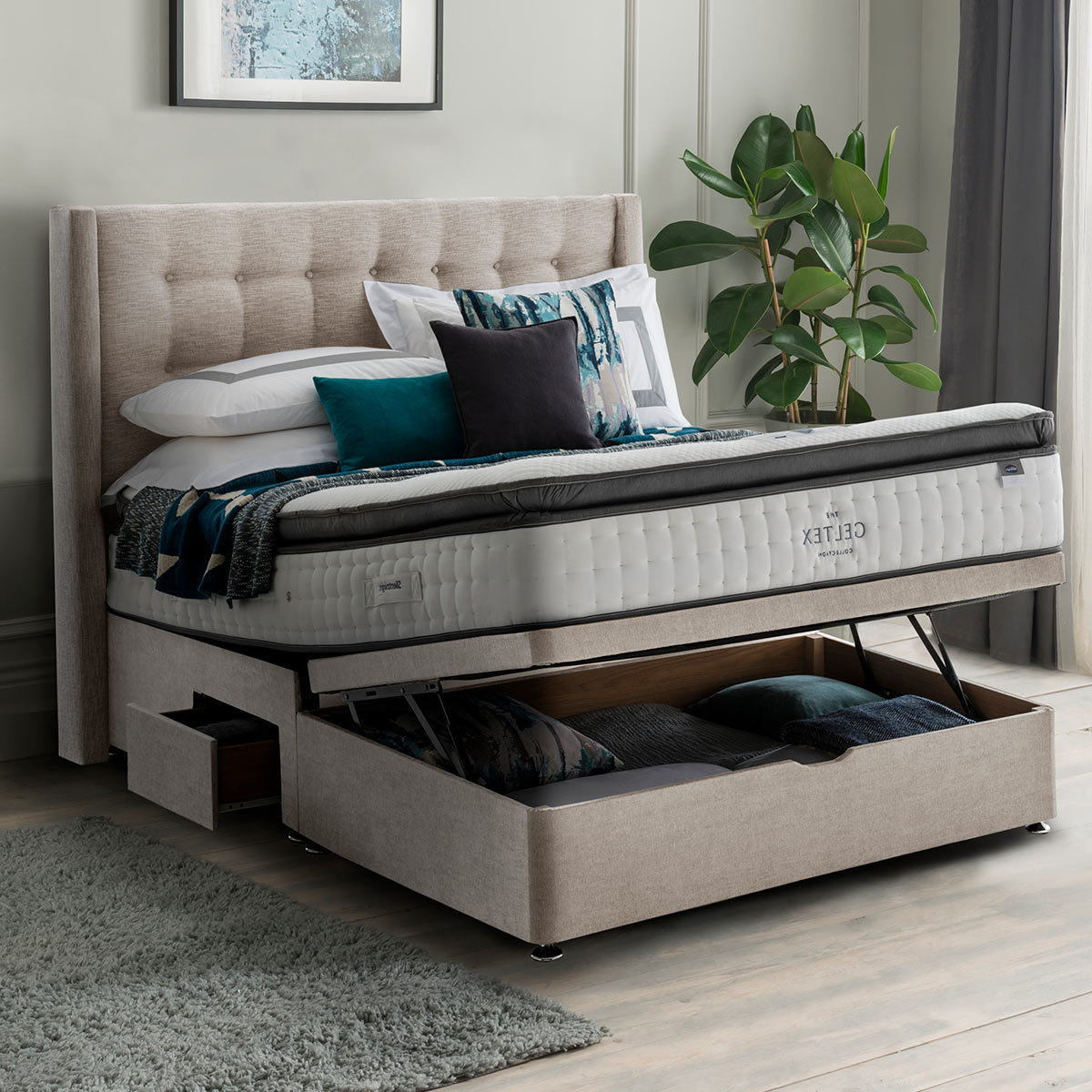 4ft6 Double 5FT King Bed Centre Charcoal Premier Divan Bed Base With Headboard And Storage Drawer- 3FT Single 4FT Small Double Double 135 x 190 cm, No Drawer-No Headboard